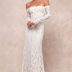 Lulu's Romance Dreamer White Lace Off-the-Shoulder Maxi Dress
